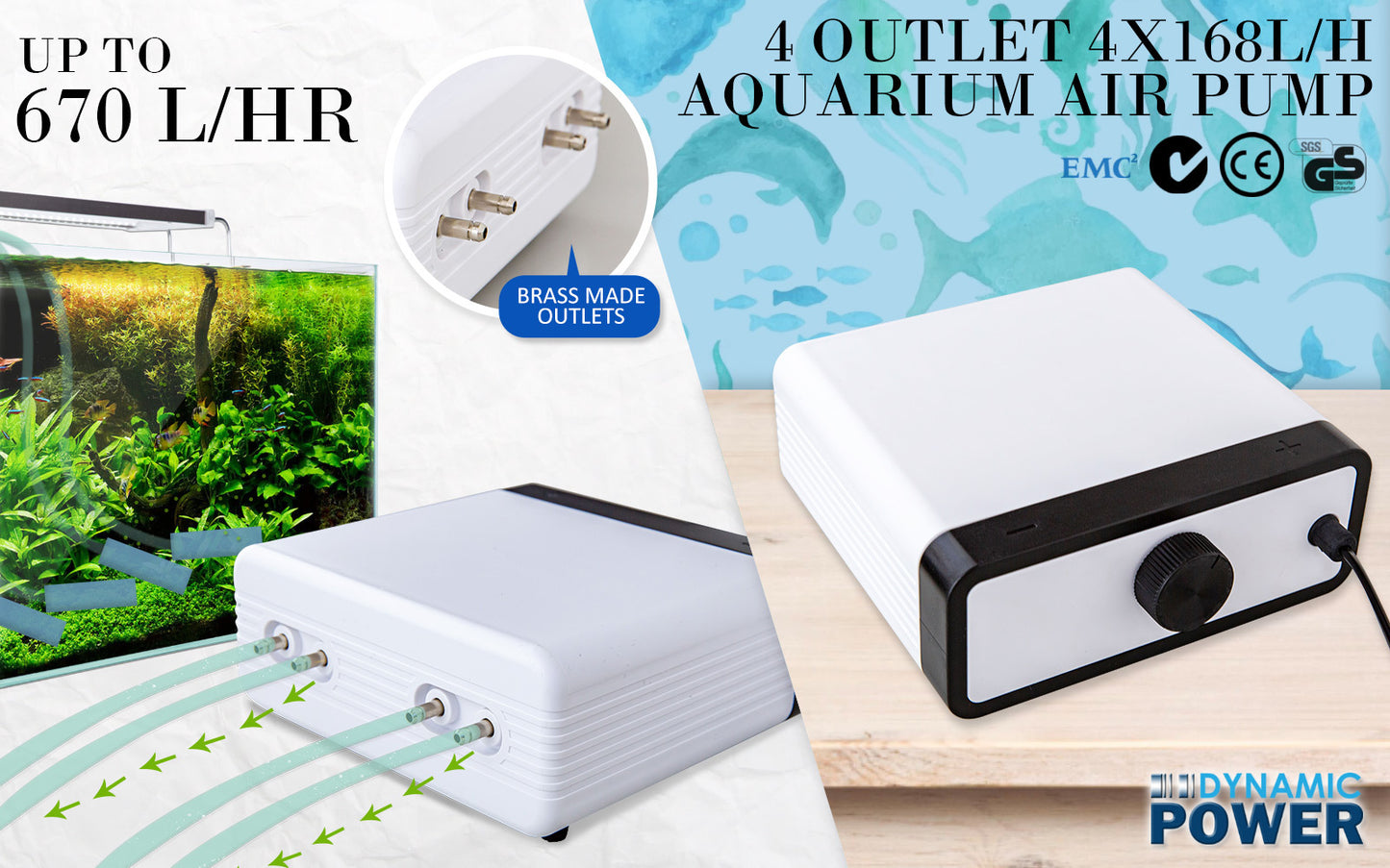 Aquarium Air Pump Oxygen Hydroponic 4 Outlet 670L/H 8W - White