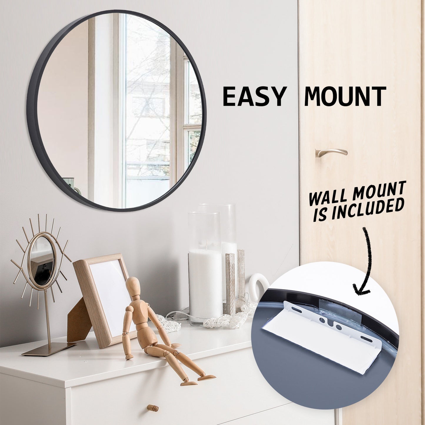 2 Set Wall Mirror Round Aluminum Frame Bathroom 70cm BLACK