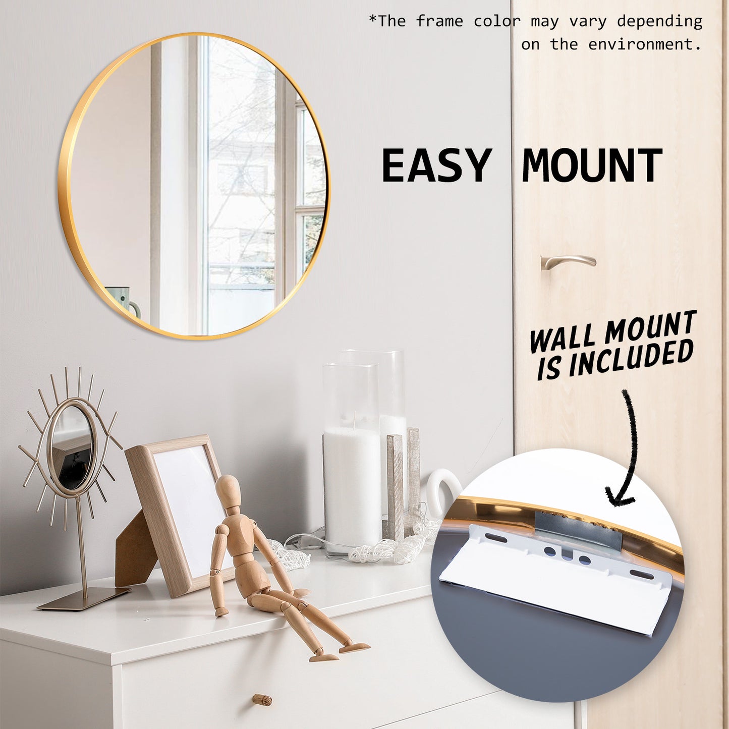 2 Set Wall Mirror Round Aluminum Frame Bathroom 50cm GOLD