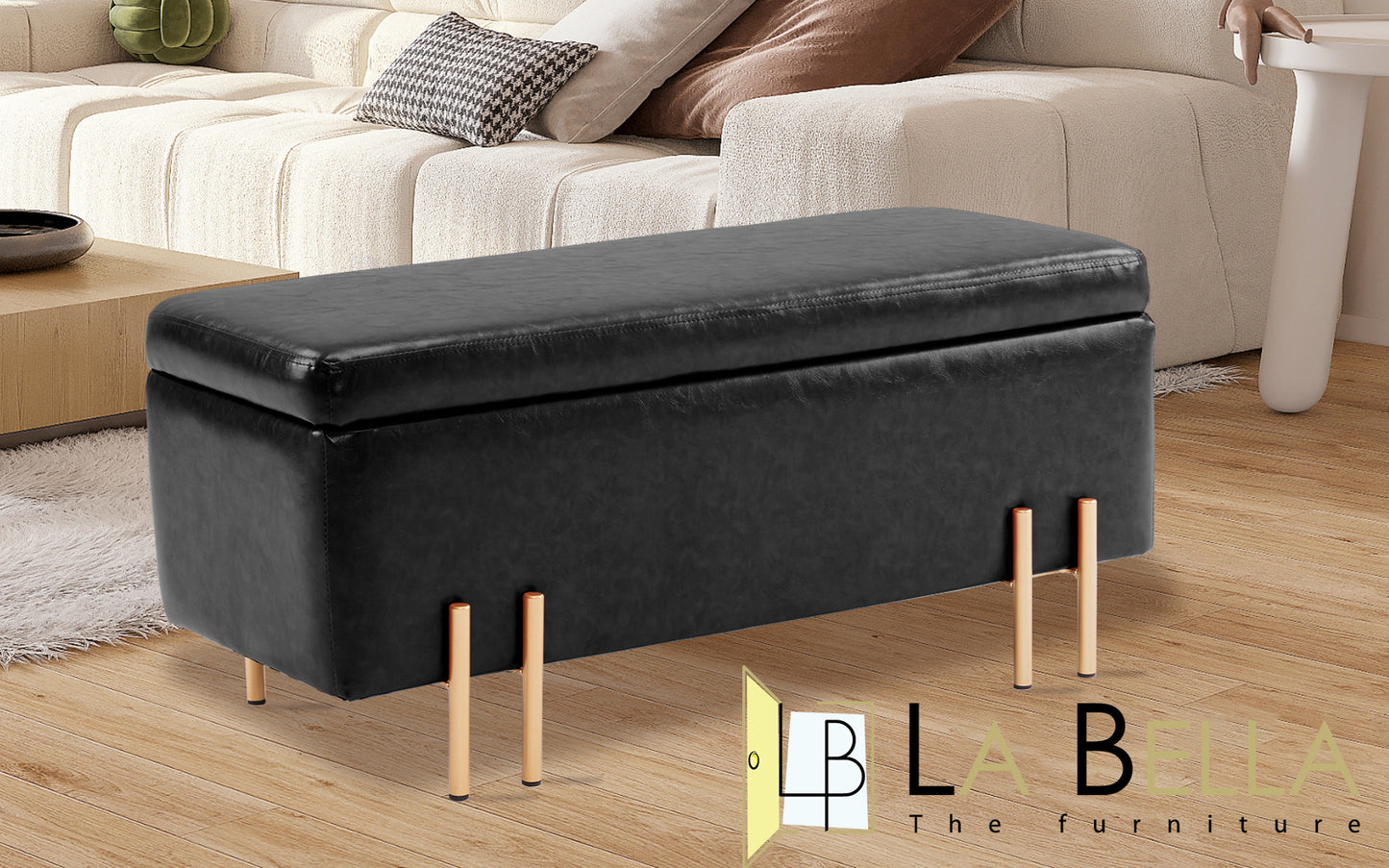 Storage Ottoman Stool Bench Seat 97cm PU Leather BLACK