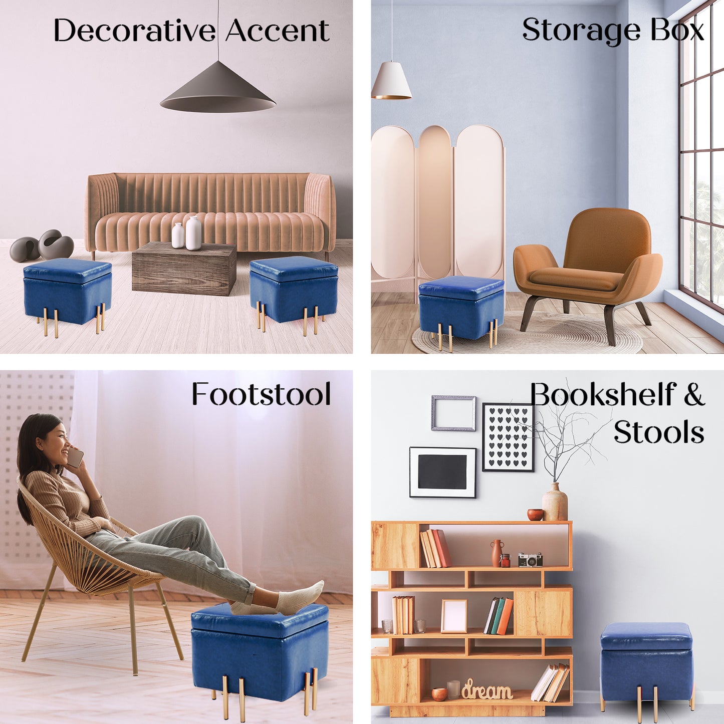 Storage Ottoman Foot Stool Cube Tuffet Seat 45cm PU Leather BLUE