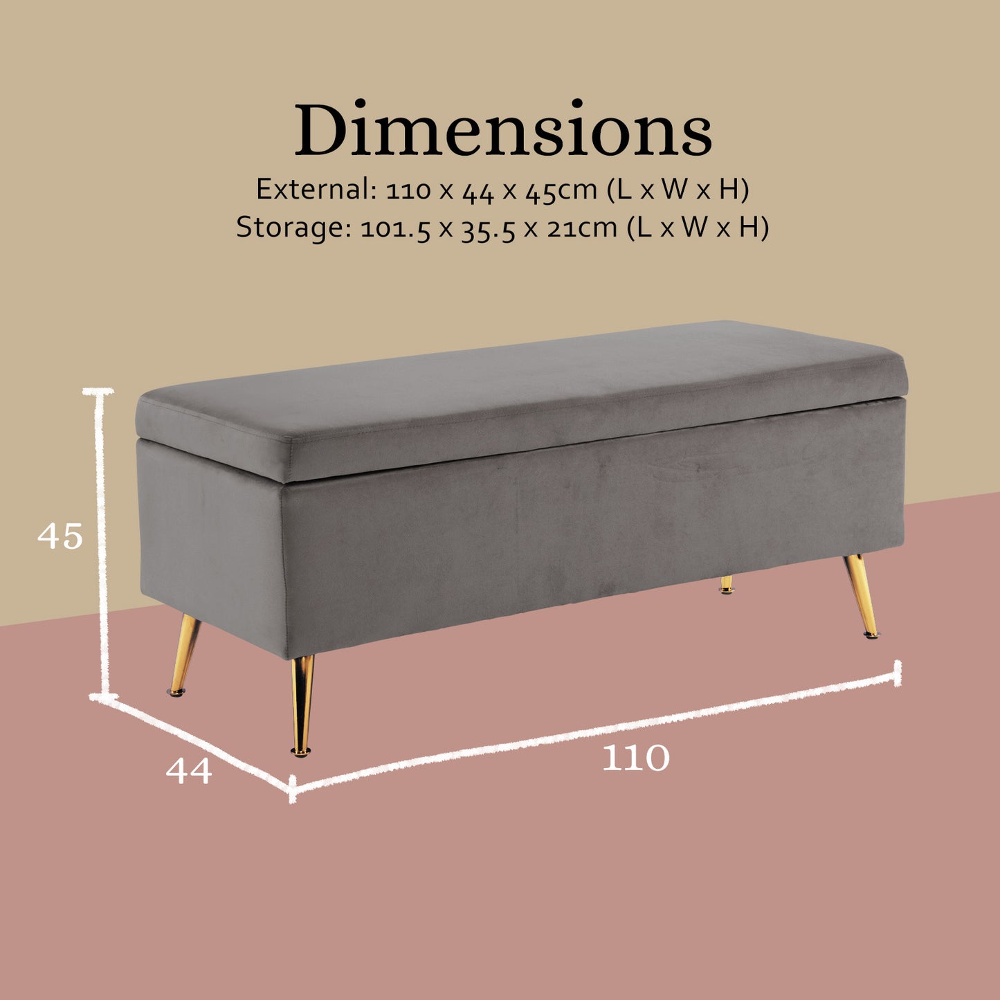 Storage Ottoman Stool Bench Seat 110cm - Velvet Grey