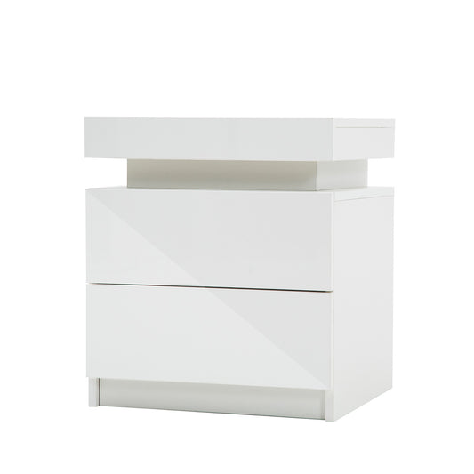 Bedside Table 2 Drawers RGB LED Bedroom Cabinet Nightstand Gloss AURORA WHITE