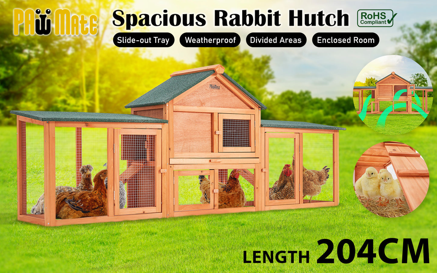 Rabbit Hutch Chicken Coop 204 x 45 x 85cm 2-Storey Cage Mansion