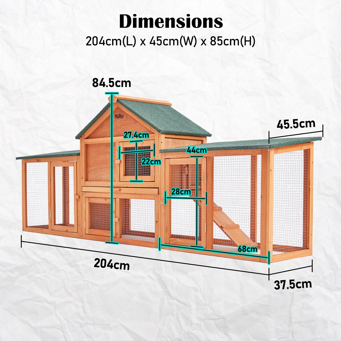 Rabbit Hutch Chicken Coop 204 x 45 x 85cm 2-Storey Cage Mansion