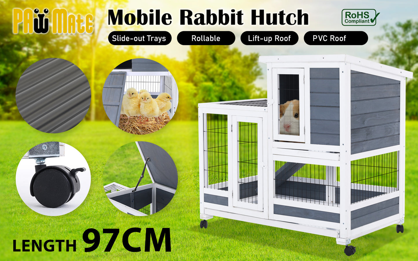 Rabbit Hutch Chicken Coop with Wheels 96.5x56x90.5cm 2 Storey Pet Cage Run - HOPKINS