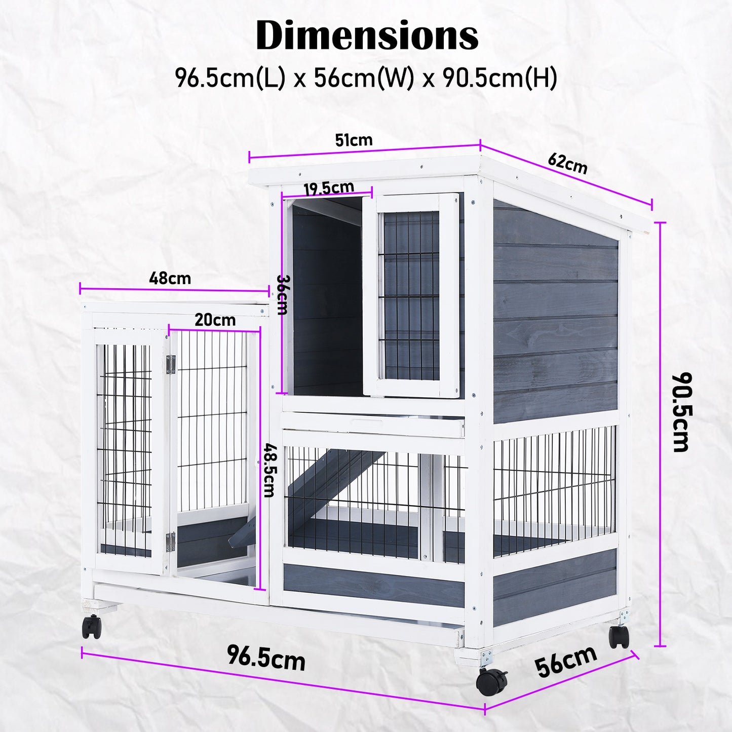 Rabbit Hutch Chicken Coop with Wheels 96.5x56x90.5cm 2 Storey Pet Cage Run - HOPKINS