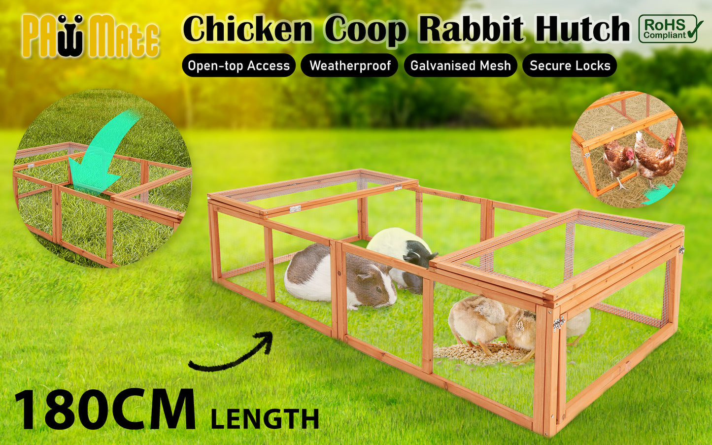 Paw Mate Chicken Coop Rabbit Hutch Extension Run 180 x 90 x 48cm - Runey