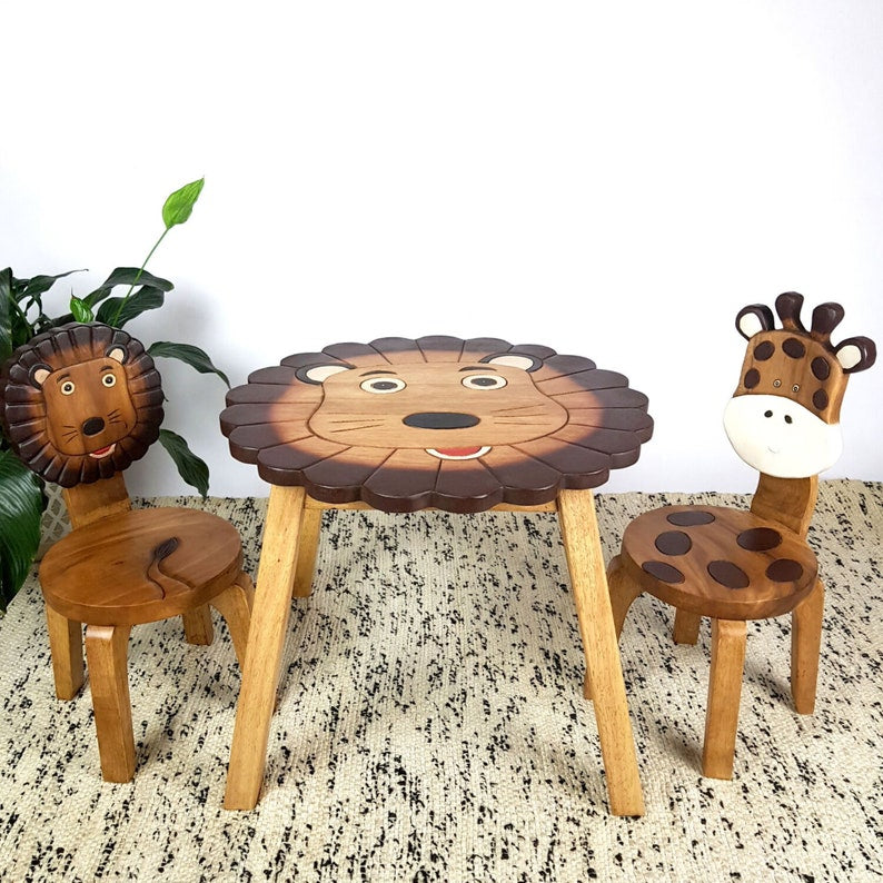 Children's Table Hand Carved Wooden LION Theme