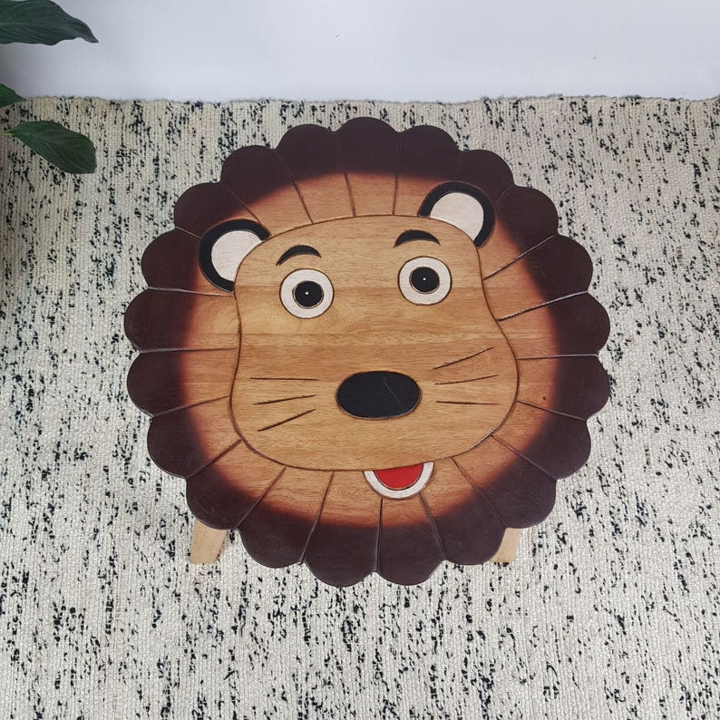 Children's Table Hand Carved Wooden LION Theme