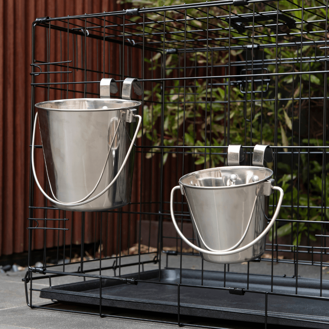 Stainless Steel Pet Parrot Feeder Bowls Set of 2 Flat Sided Bucket with Riveted Hooks - 2.8L