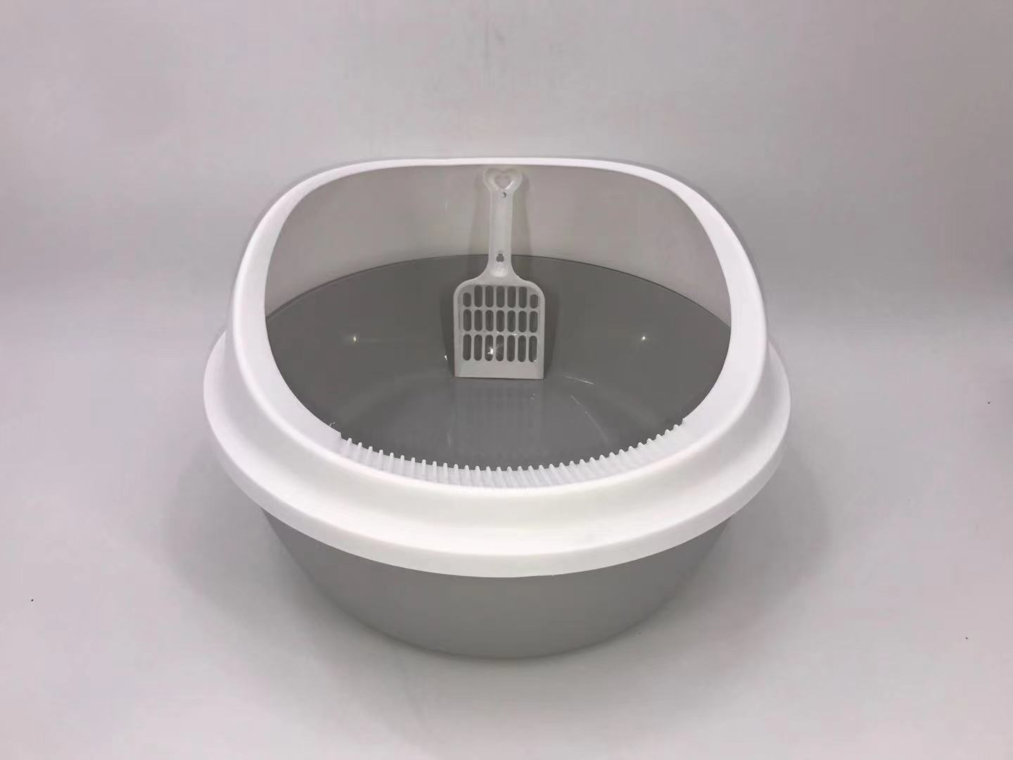 Cat Litter Box Set of 2 Grey Round Portable Tray with Scoop