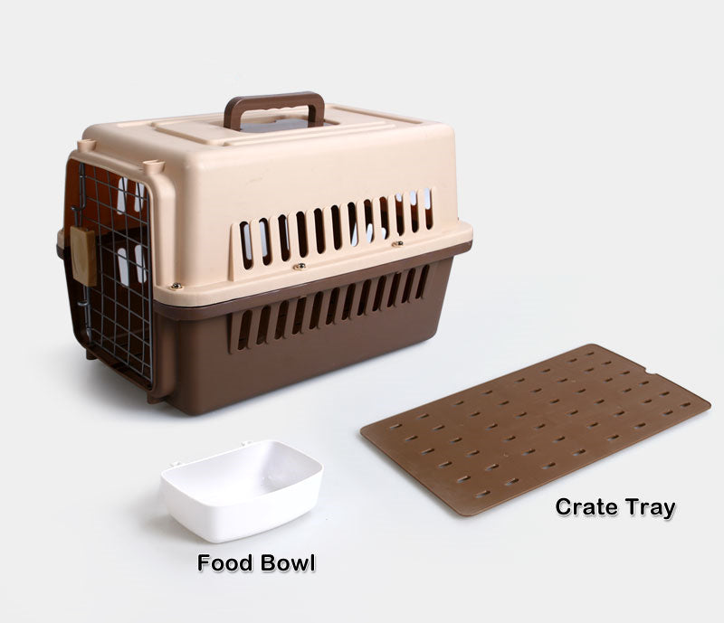 Pet Carrier Small Dog Cat Rabbit Crate Airline Cage With Bowl and Tray Brown