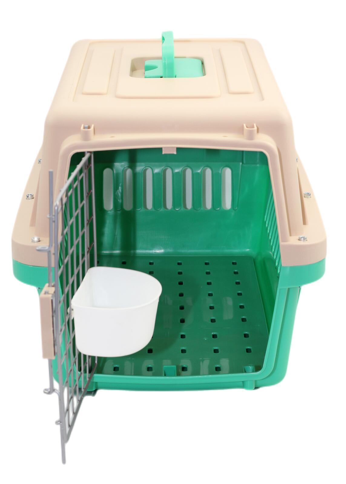 Small Pet Crate Dog Cat Airline Carrier Cage with Bowl and Tray - Green