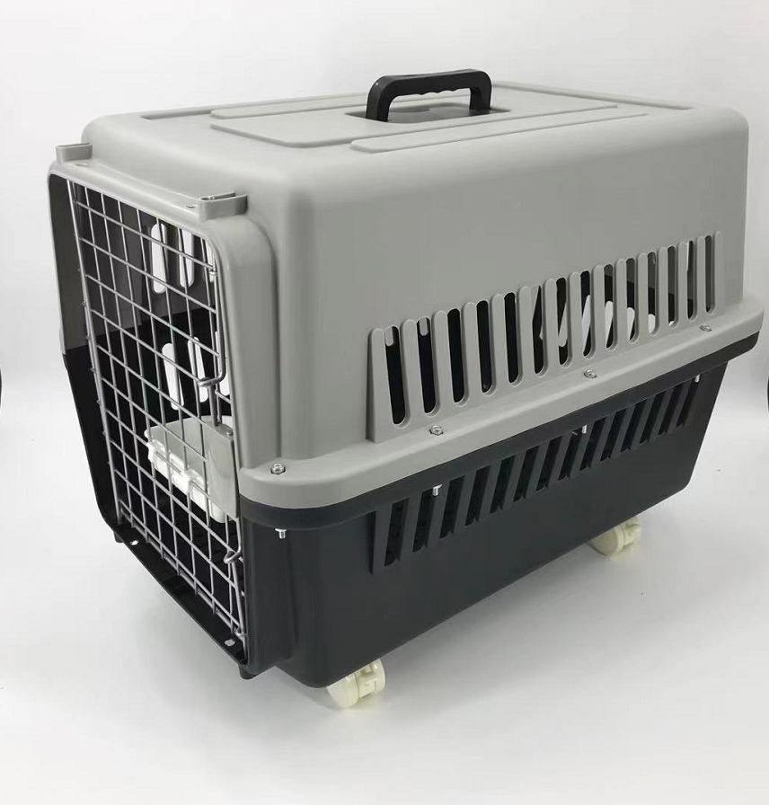 Pet Carrier Large Dog Cat Rabbit Airline Cage with Tray, Bowl & Wheels - Black