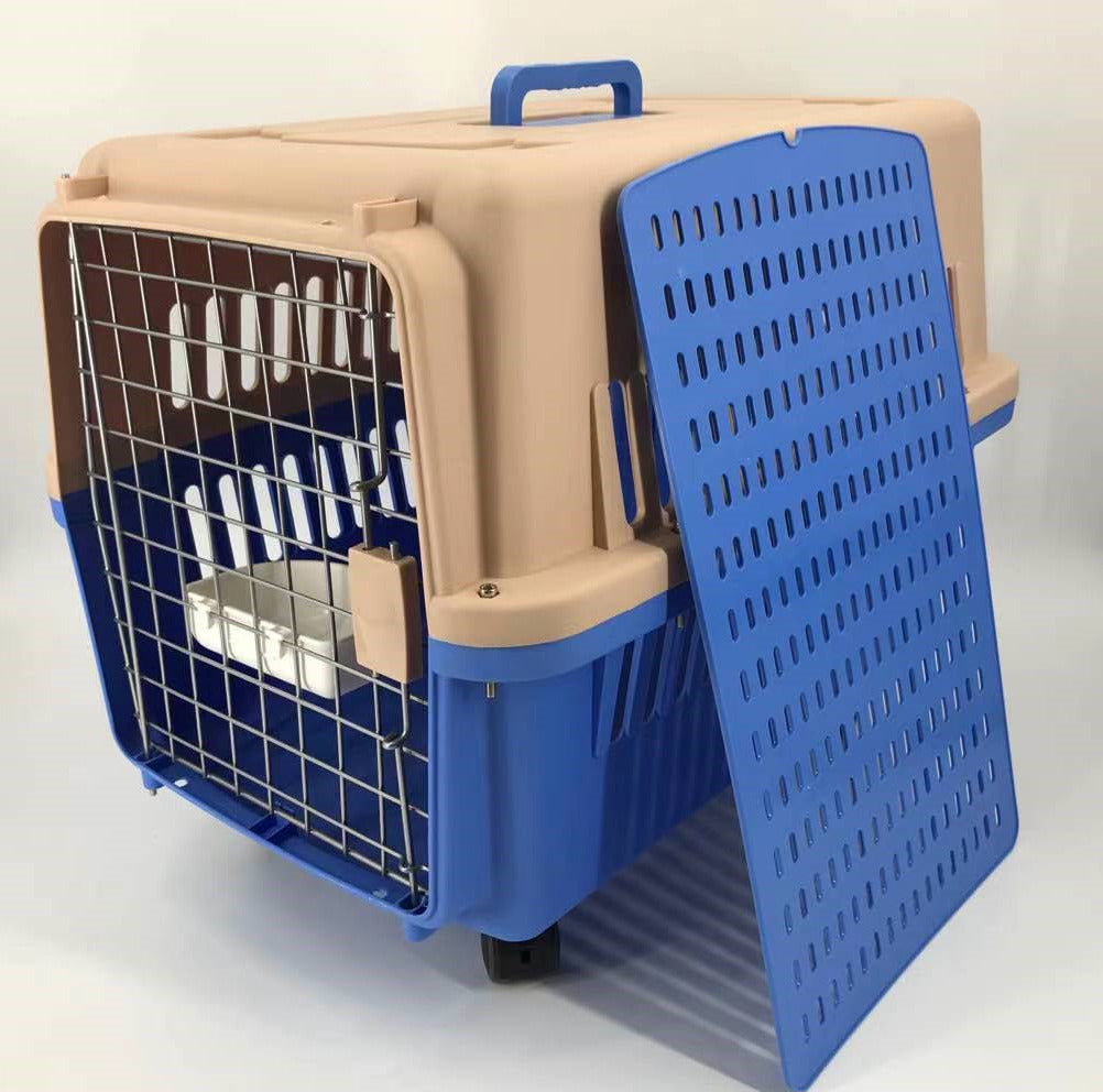 Pet Carrier Cage Large Dog Puppy Cat Crate with Tray, Bowl & Wheel - Blue