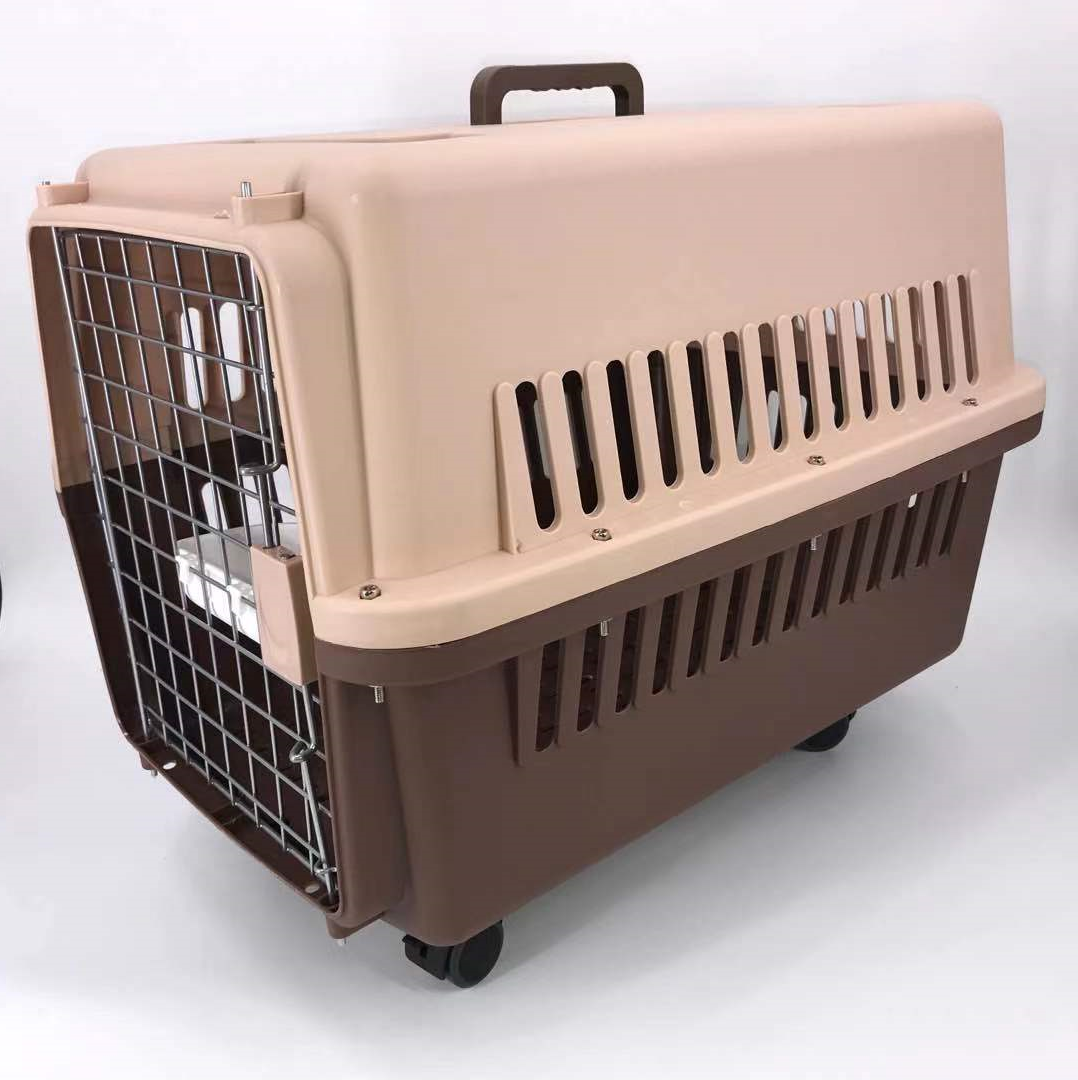 Pet Carrier Large Brown Dog Puppy Cat Crate with Tray, Bowl & Wheel