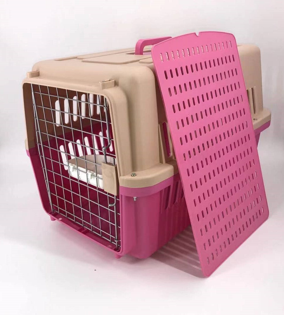 YES4PETS Large Dog Cat Crate Pet Carrier Airline Rabbit Cage With Tray And Bowl Pink