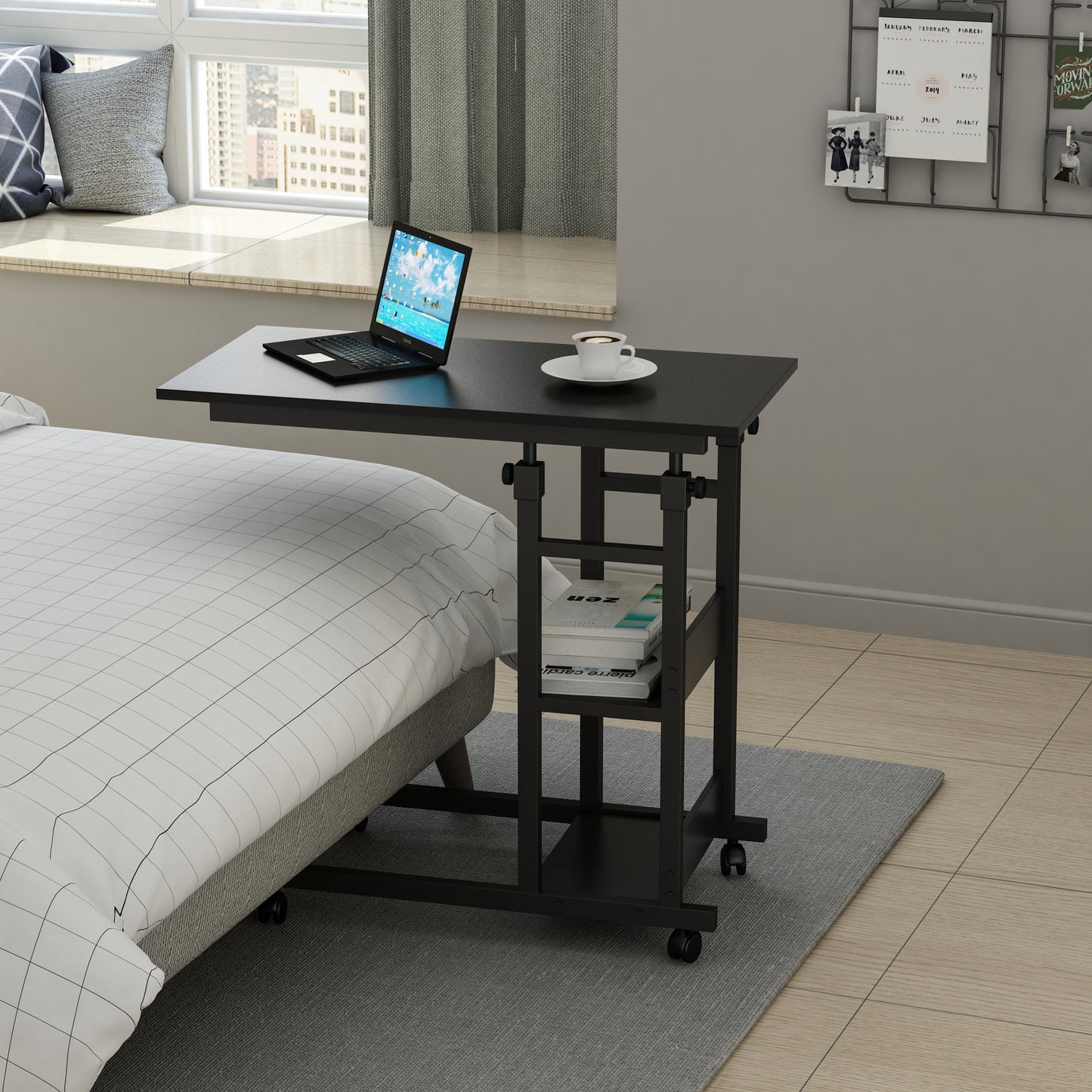 Side Table with Storage Shelves, Height Adjustable Sofa Couch Coffee End Table Bedside Laptop Desk with Wheels