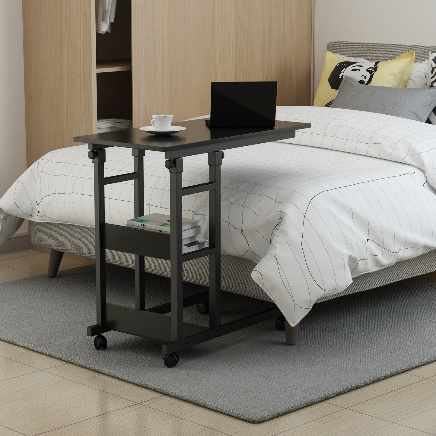 Side Table with Storage Shelves, Height Adjustable Sofa Couch Coffee End Table Bedside Laptop Desk with Wheels