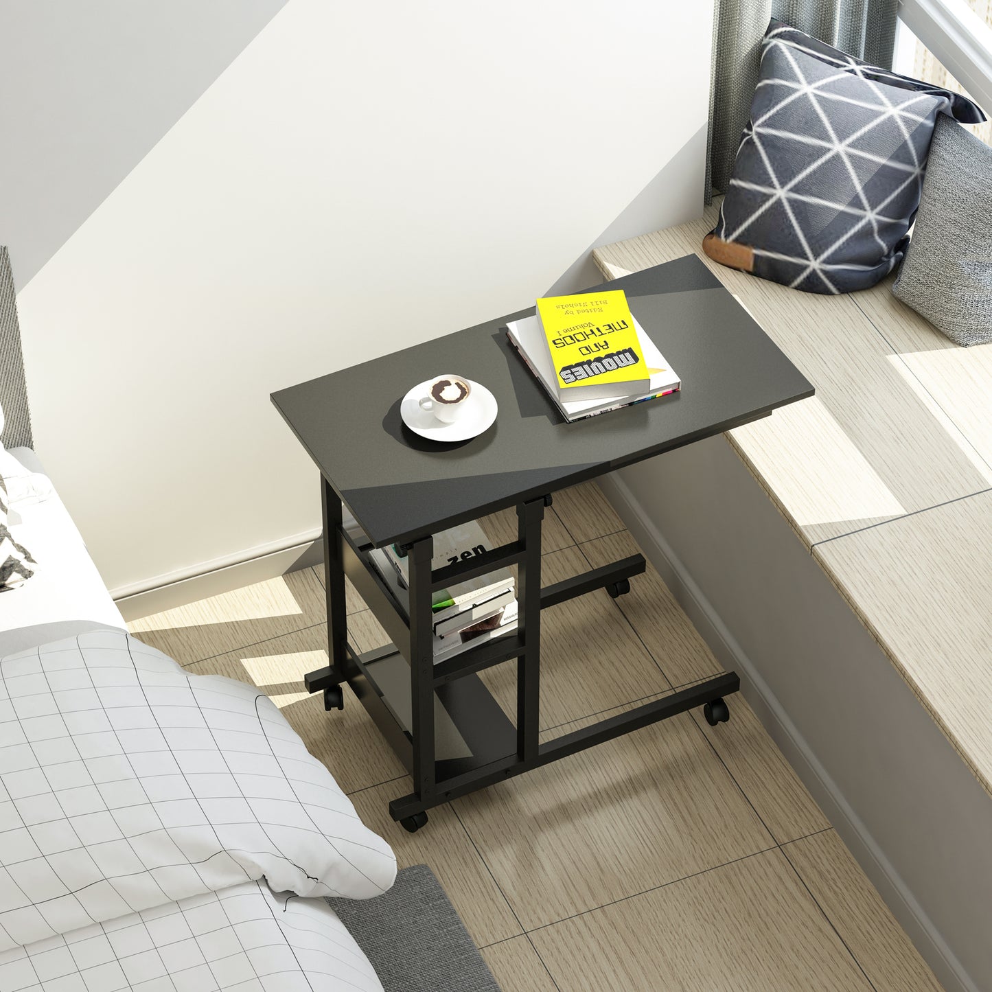 Side Table with Storage Shelves, Height Adjustable Sofa Couch Coffee End Table Bedside Laptop Desk with Wheels