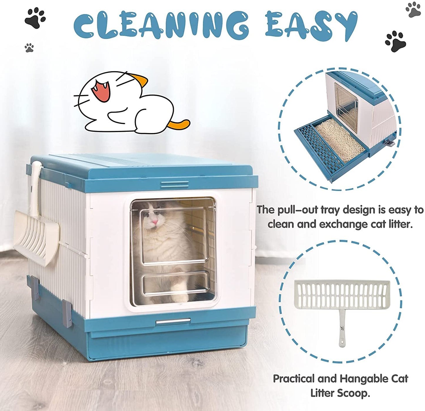 Cat Toilet Litter Box XL Portable Foldable Tray House with Handle and Scoop - Blue