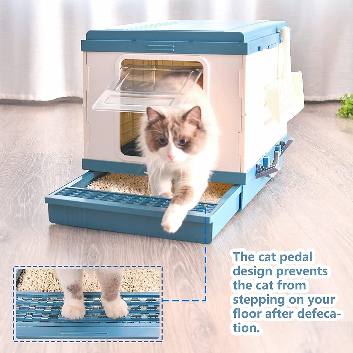 Cat Toilet Litter Box XL Portable Foldable Tray House with Handle and Scoop - Blue