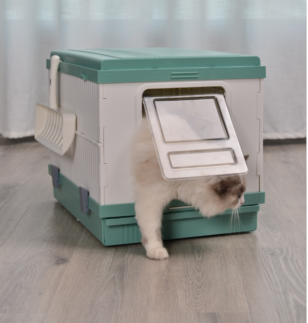 Cat Toilet Litter Box XL Portable Foldable Tray House with Handle and Scoop - Green