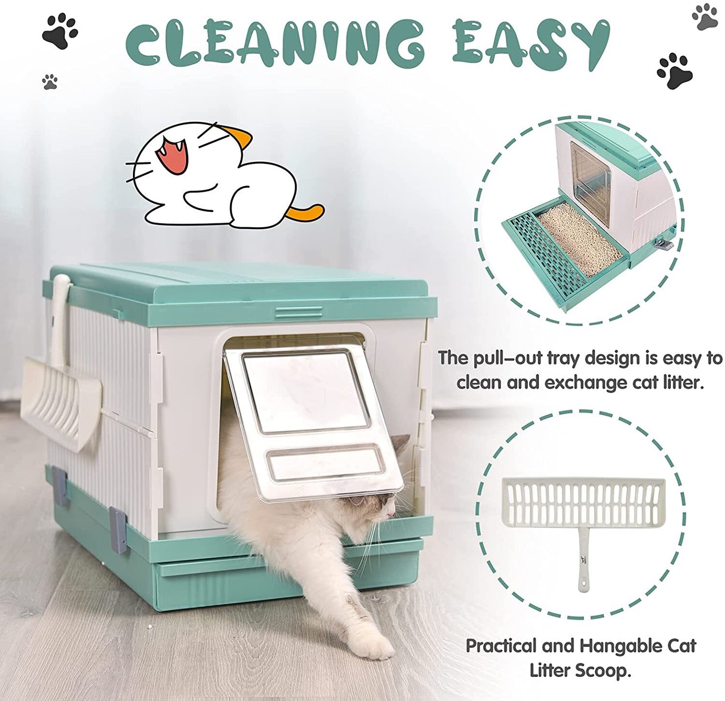 Cat Toilet Litter Box XL Portable Foldable Tray House with Handle and Scoop - Green