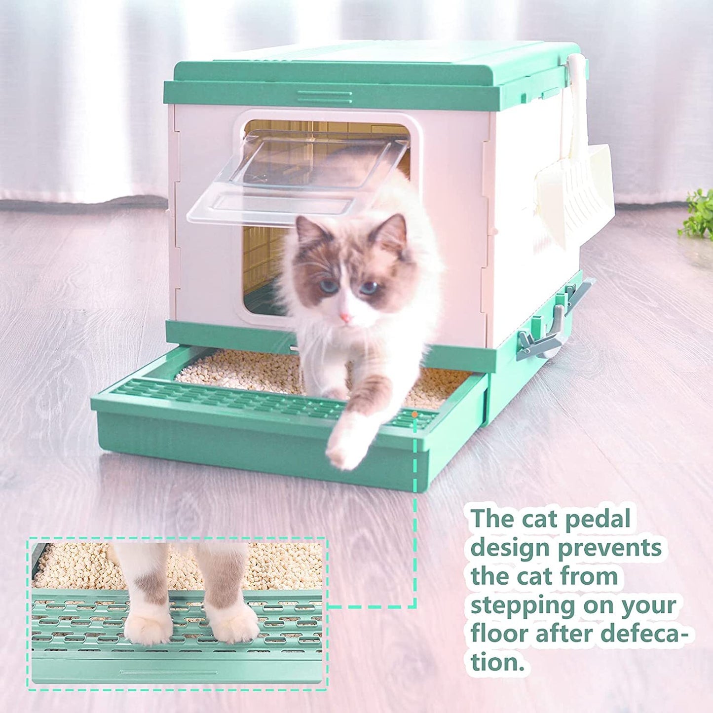 Cat Toilet Litter Box XL Portable Foldable Tray House with Handle and Scoop - Green