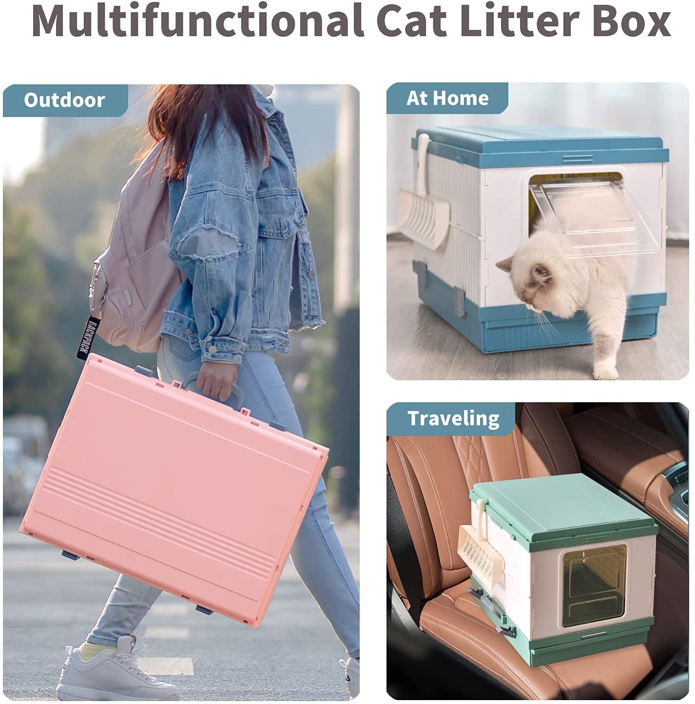 Cat Toilet Litter Box XL Portable Foldable Tray House with Handle and Scoop - Green