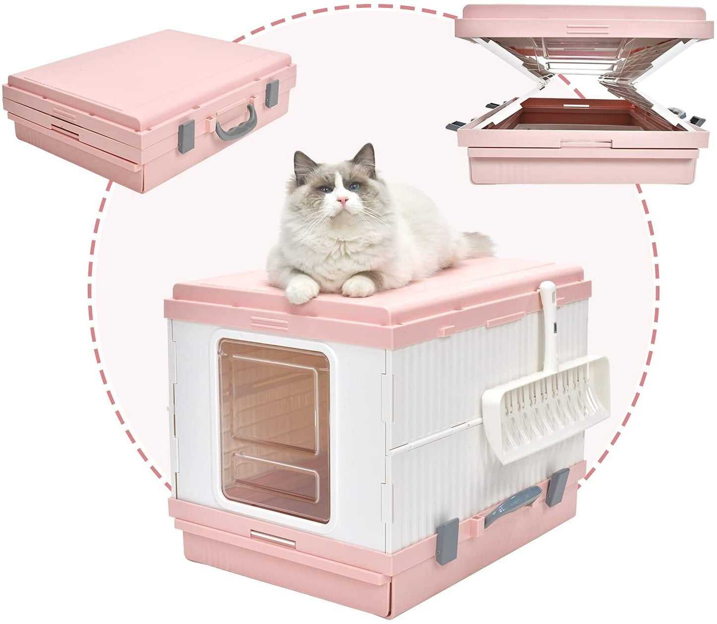 Cat Toilet Litter Box XL Portable Foldable Tray House with Handle and Scoop - Pink