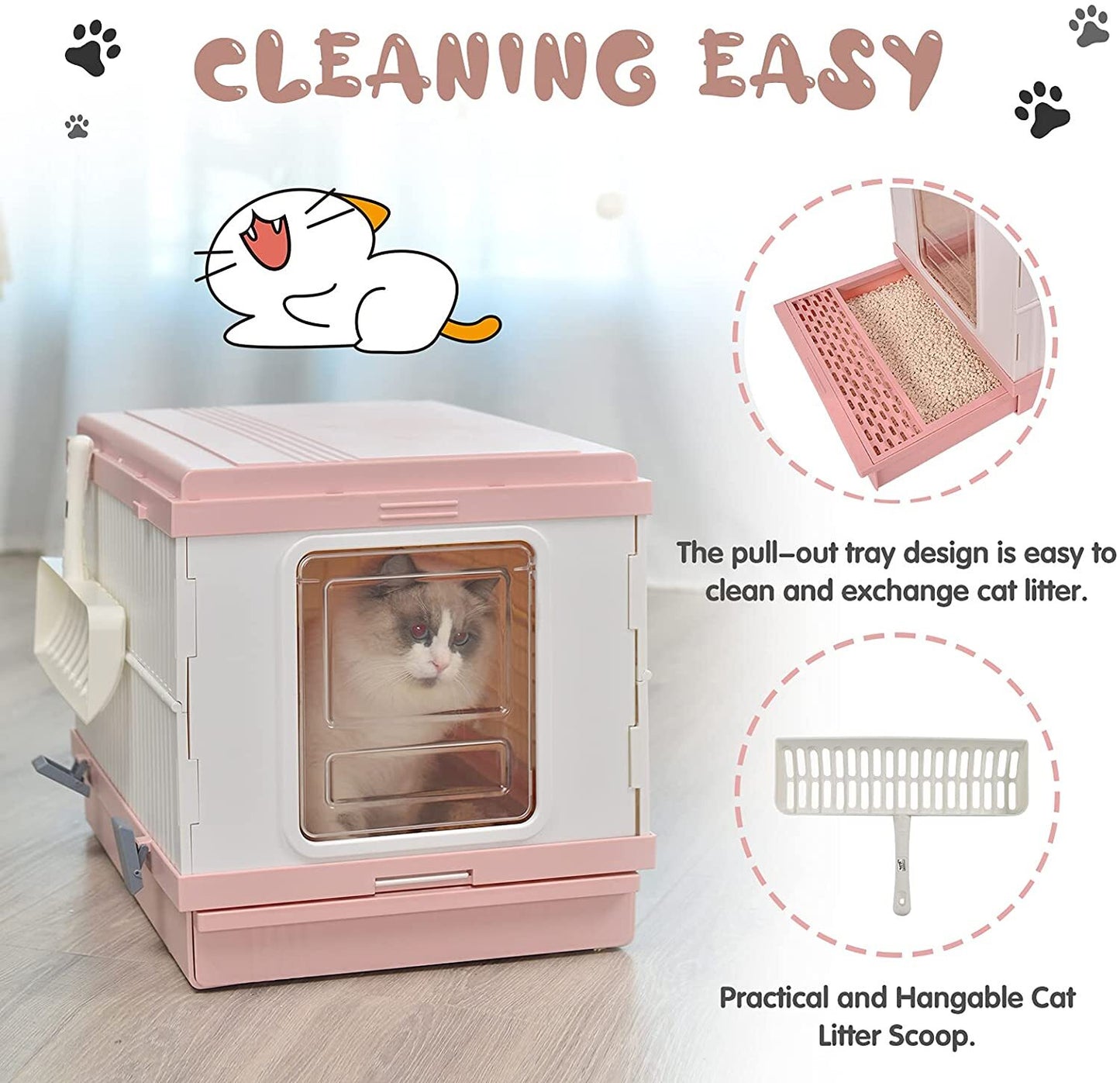 XL Portable Cat Toilet Litter Box Tray Foldable House with Handle and Scoop Pink