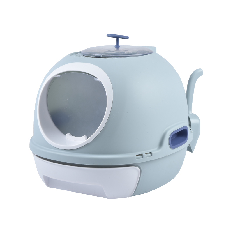 Cat Toilet Litter Box Hooded Tray House with Drawer & Scoop - Blue