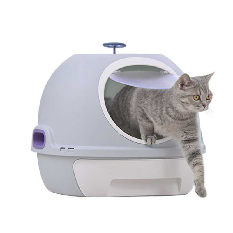 Cat Toilet Litter Box Hooded Tray House with Drawer & Scoop - Blue