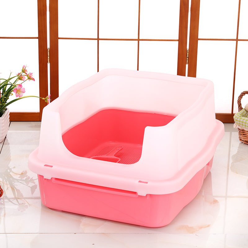 Large Deep Cat Litter Tray High Wall Pet Toilet Grid with Scoop - Pink