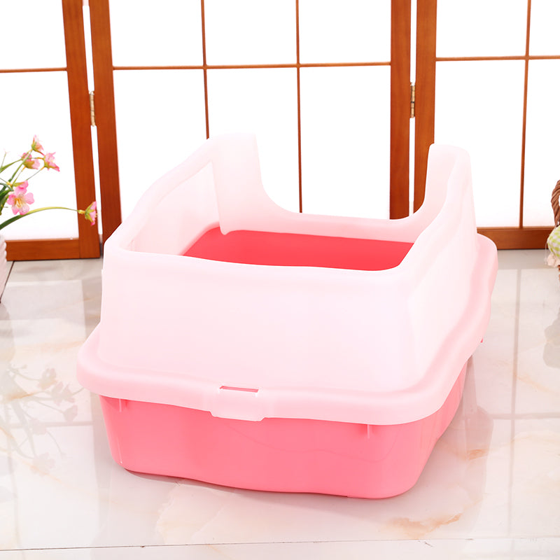 Large Deep Cat Litter Tray High Wall Pet Toilet Grid with Scoop - Pink