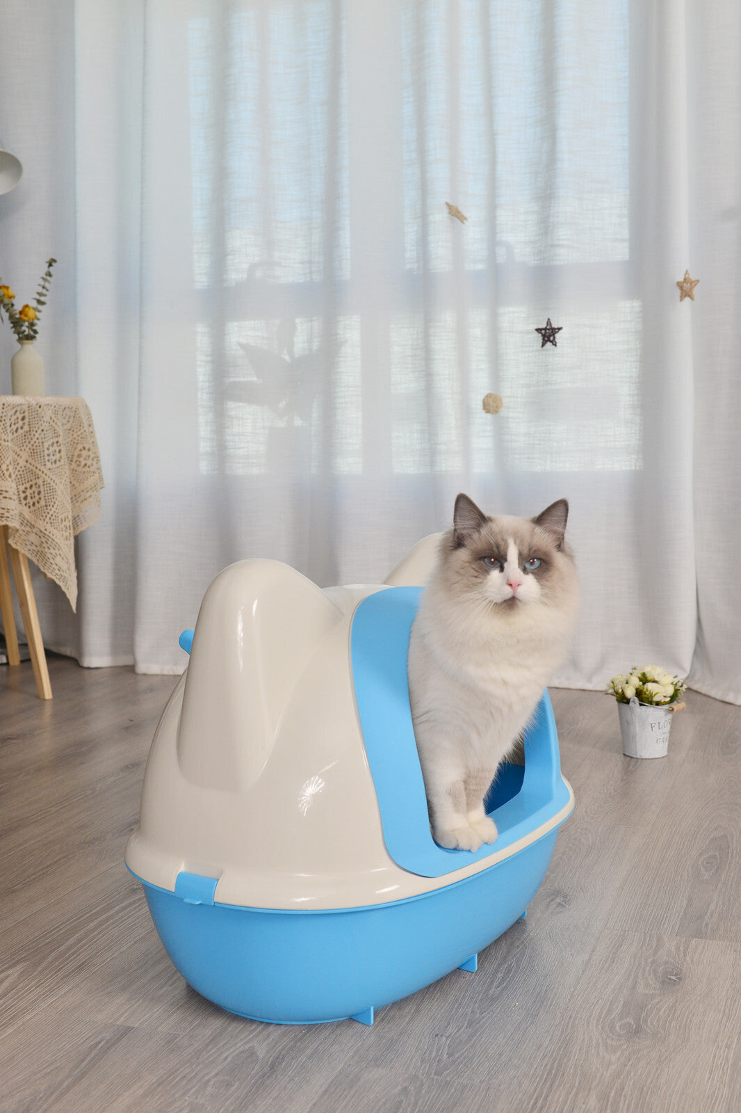 Cat Toilet Litter Box Large Hooded Tray House with Scoop - Blue