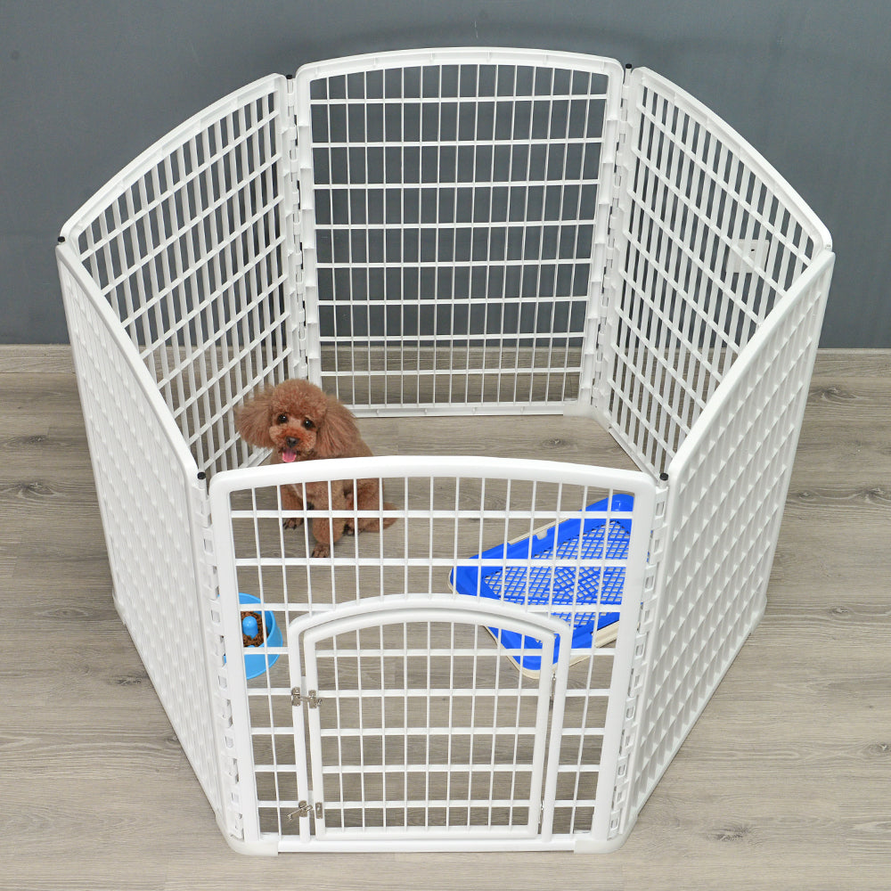 Pet Pen 6 Panel Plastic Foldable Dog Fence Enclosure with Gate - White