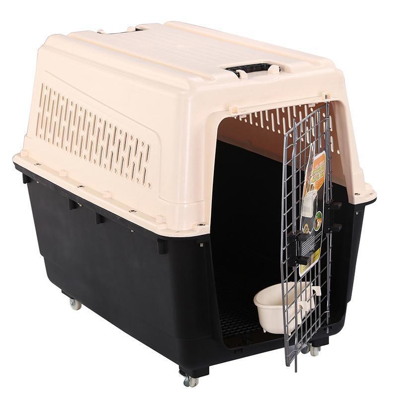 XXXL Plastic Pet Dog Carrier - Transport Cat Cage with Wheels, Tray & Bowl