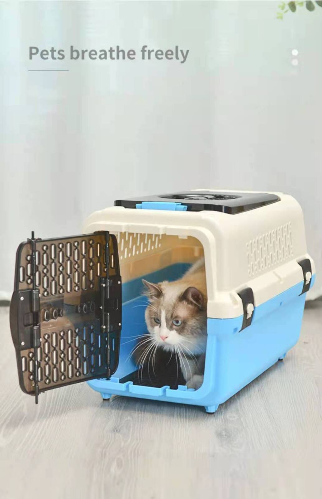 Dog Cat Crate Medium Pet Rabbit Carrier Travel Cage with Tray & Window - Blue