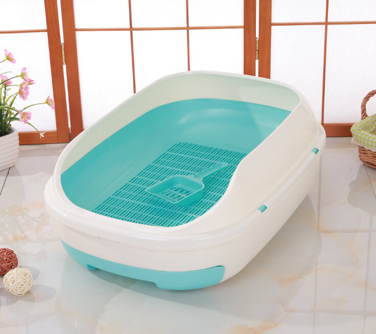 Cat Toilet Litter Box Medium Portable Tray with Scoop and Grid Tray - Blue Green