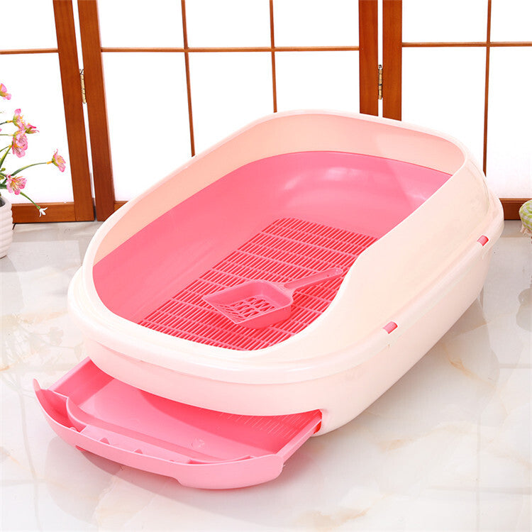 Cat Toilet Litter Box Medium Portable Tray with Scoop and Grid Tray - Pink