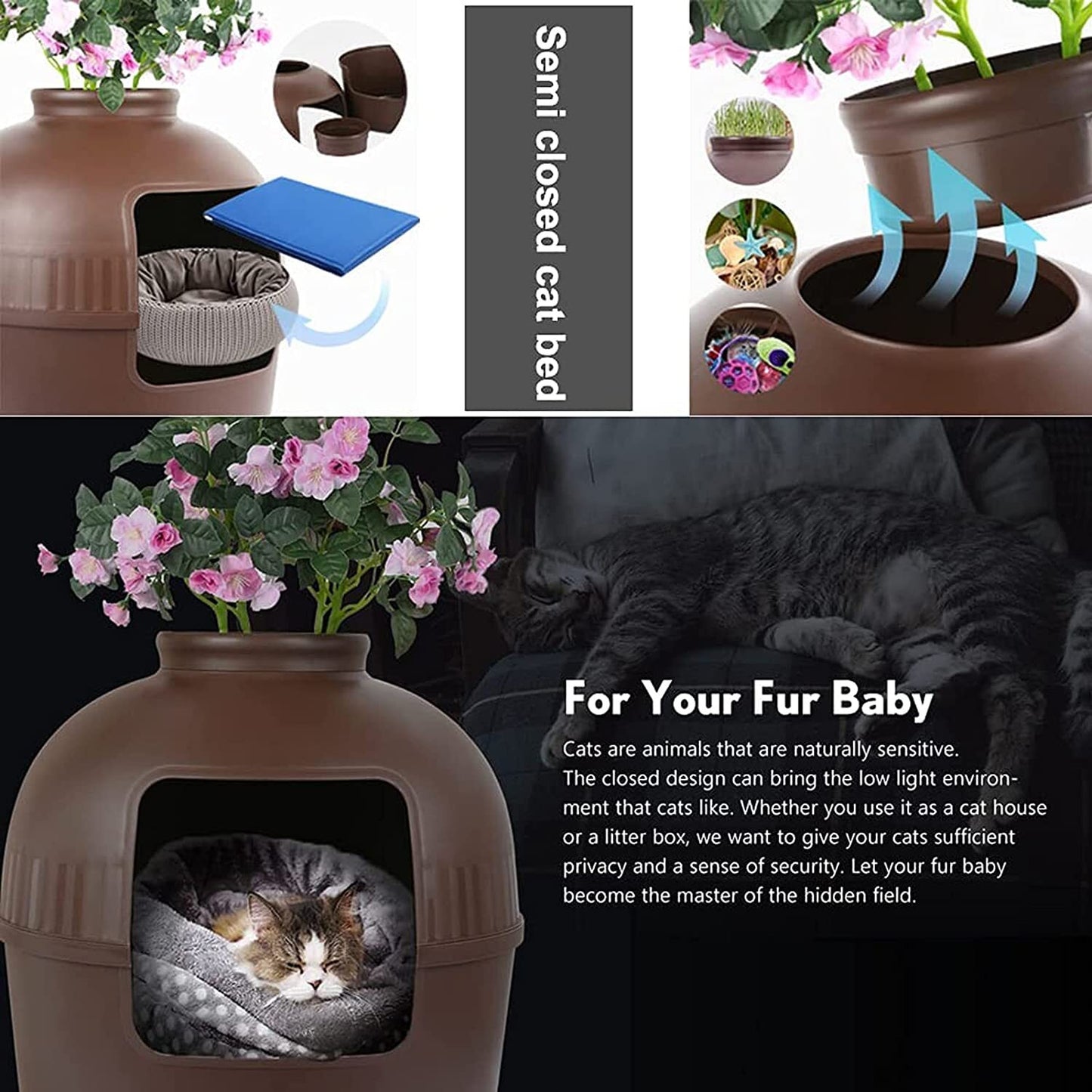 Cat Litter Box Multifunctional Pet House Semi-Enclosed - Brown