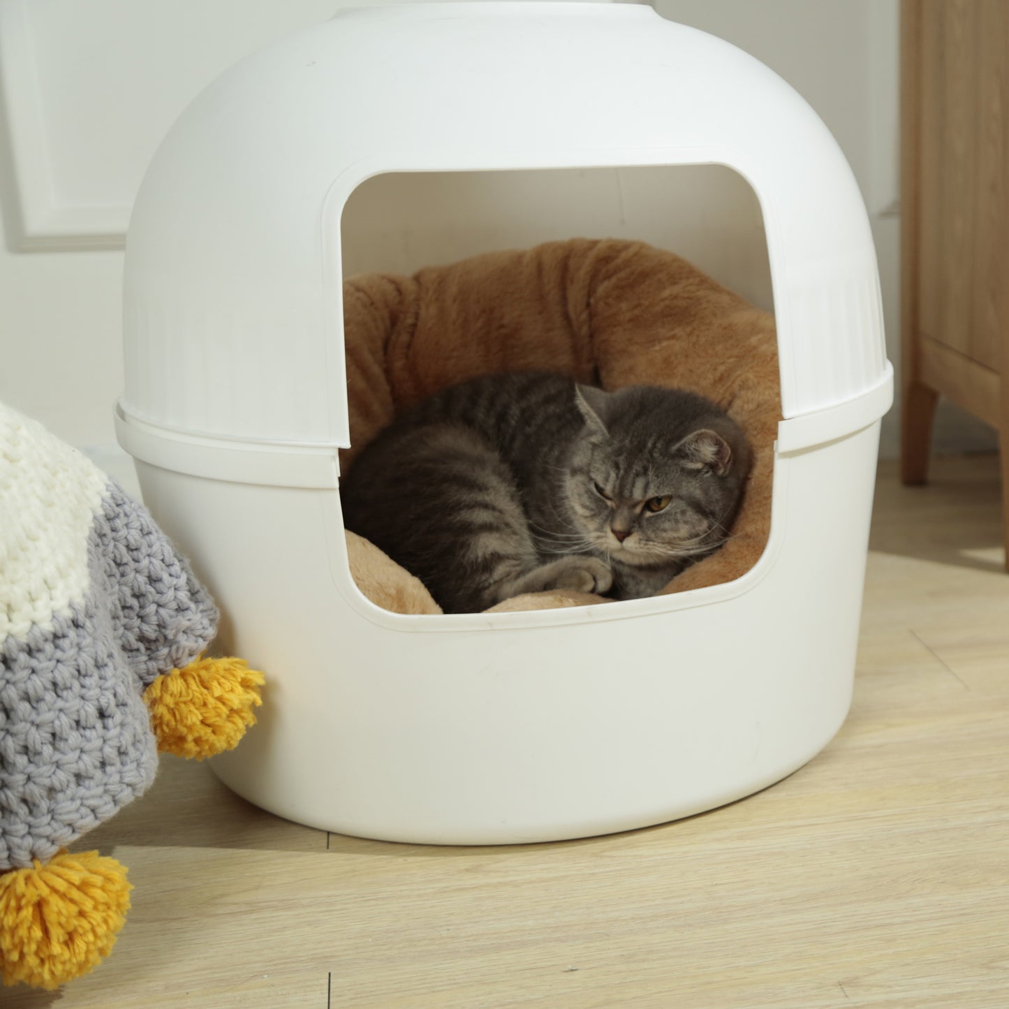 Cat Litter Box Multifunctional Pet House Semi-Enclosed - White