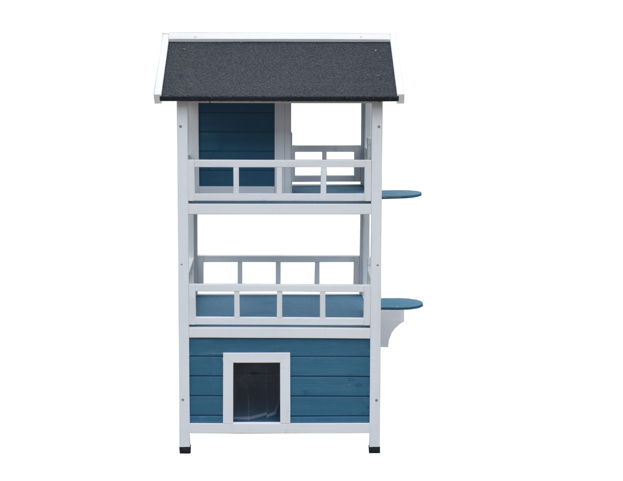 Cat Shelter Double Story Condo with Escape Door Rainproof Kitty House