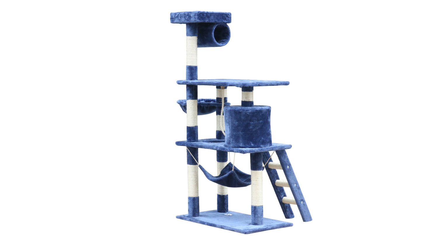 140 cm Cat Kitten Scratching Post Tree W ladder & Hammock-Blue