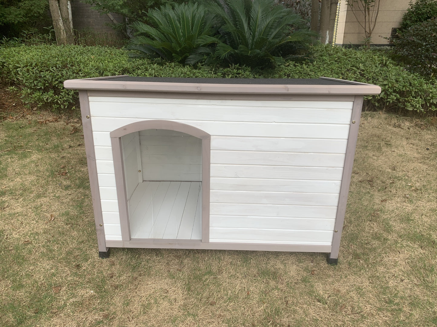 Pet Kennel L Timber Dog Puppy Wooden Cabin with Stripe - White