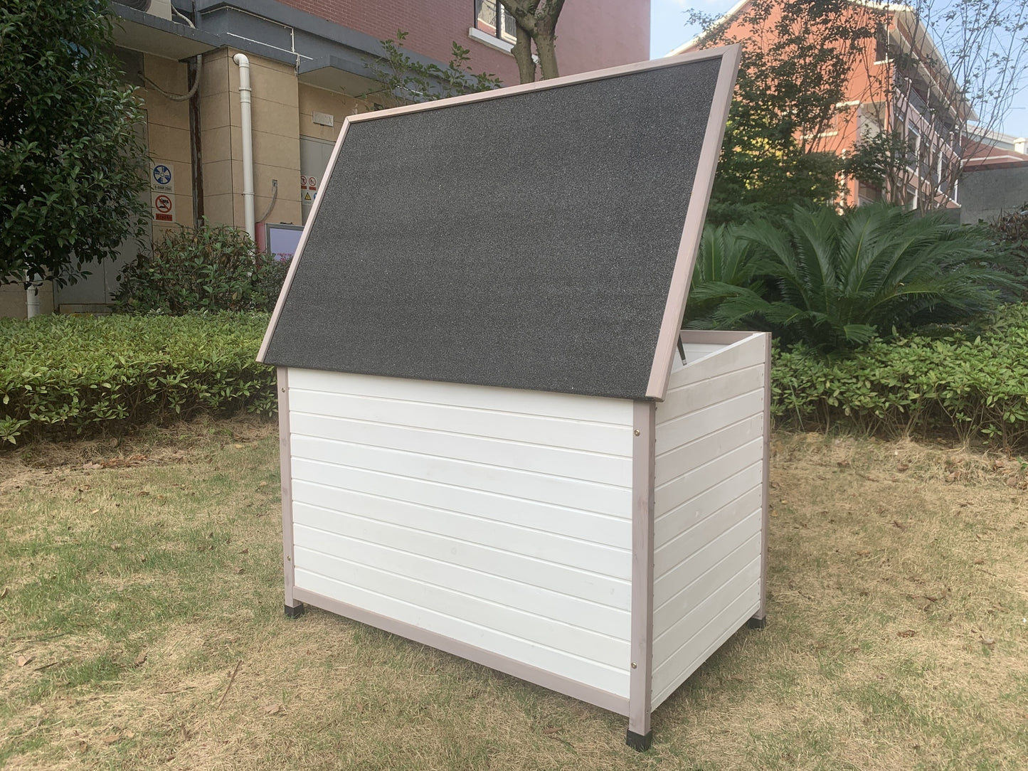 Pet Kennel L Timber Dog Puppy Wooden Cabin with Stripe - White