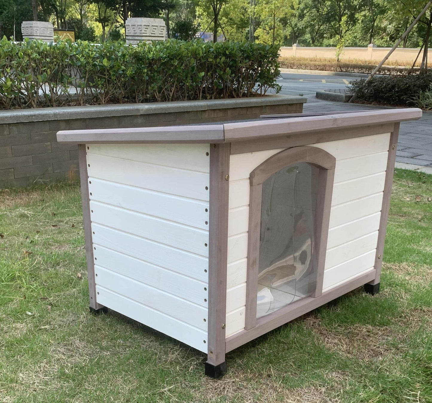 Pet Dog Kennel House M Timber Wooden Puppy Cabin with Stripe - White